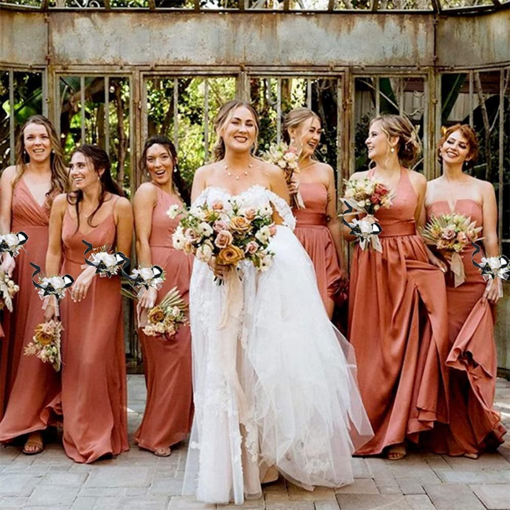 2Pcs Black Boutonniere and Corsage Set,Prom Flower Wrist Corsage for