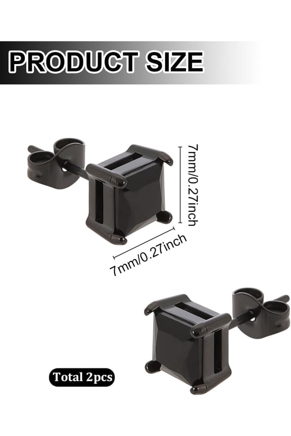 2Pcs Black Cubic Zirconia Earrings 7x7mm Titanium Steel Cubic Zirconia Stud Earrings Cut Square Clear Cubic Zirconia Stud Earrings for Jewelry Gift Earring Supplies