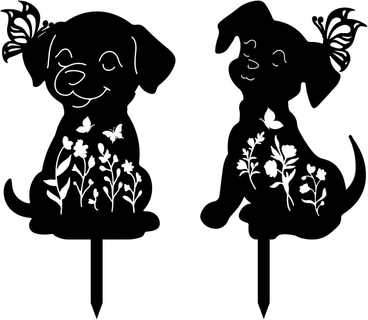 2Pcs Black Dog Stake Metal Dog Garden Decor Art Dog Silhouette Statues Garden Decorative Dog Ground Insert Lawn Ornaments for Outside Outdoor Dog Lover Gifts 8.6/8.3x11.8Inch