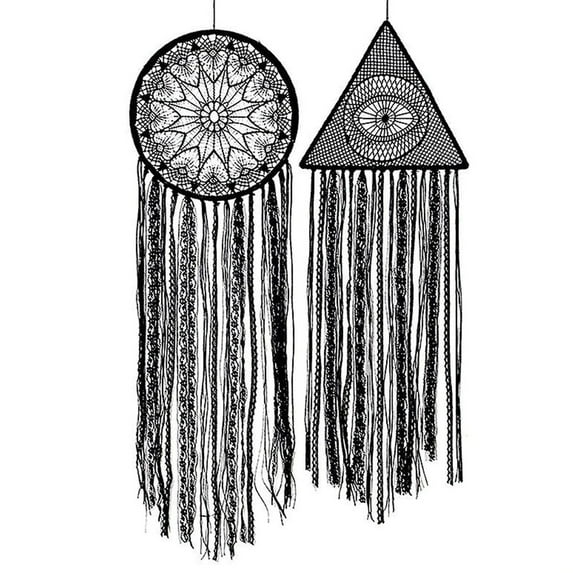 2Pcs Black Dream Catcher Large Handmade Crochet Evil Eye Design With Lace Triangle Round Dreamcatcher Gothic Wall Art Decorations Wall Hanging