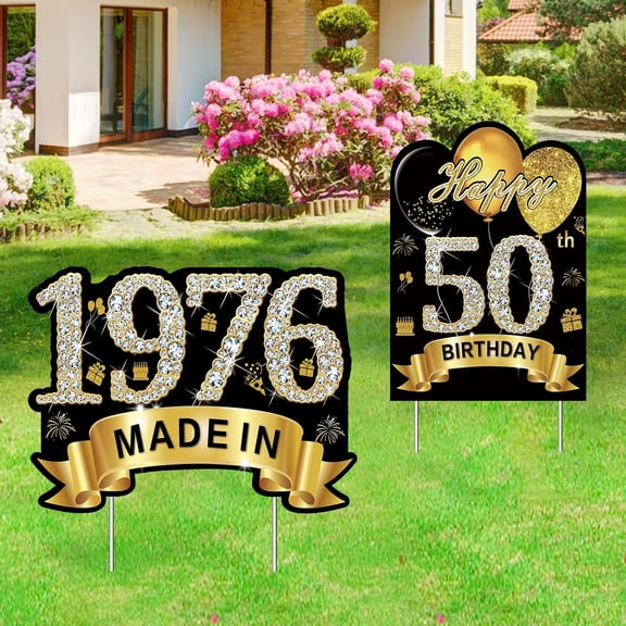 2Pcs Black Gold 50th Birthday Yard Sign Decoration for Men Women,Happy 50th Birthday Made in 1976 Lawn Sign Party Supplies, Fifty Year Old Birthday Yard Stakes Decor