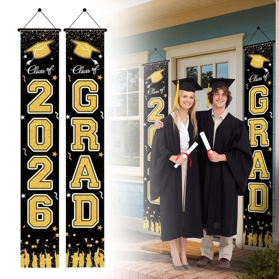 2Pcs Black Gold Class of 2026 Graduation Door Banners - "2026" & "GRAD" Porch Signs, Glitter Grad Cap Welcome Decor for Front Door & Entryway