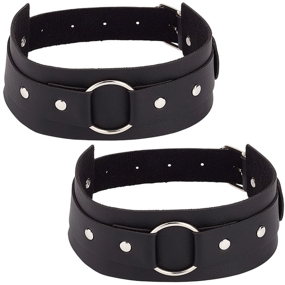 2Pcs Black Gothic Imitation Pu Leather Armband Bracelets Strap Mens Punk Rock Cuff Wrap Bangle Bracelet Adjustable Goth Wristband with Ring Bulk