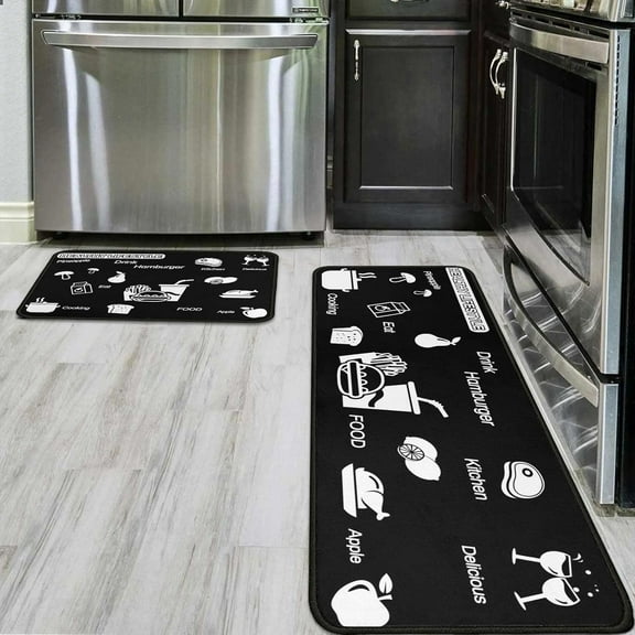 2Pcs Black Kitchen Rugs Non Slip Kitchen Floor Mats Set for Farmhouse Restaurant Decor Waterproof Standing Kitchen Runner Mats 17”x24”+17”x48”