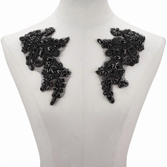 2Pcs Black Lace Bead Applique Embroidery Floral Glass Rhinestone Beaded Handmade Organza Patches Sew On Vintage Sparkle Appliques