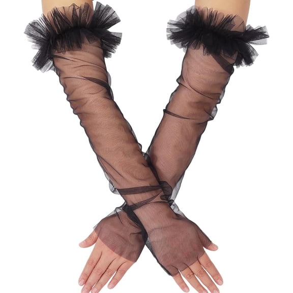 2Pcs Black Mesh Arm Sleeves Polyester Ruched Ruffle Fingerless Detachable Tulle Sun Protection Long Sleeve Arms Cover Accessories