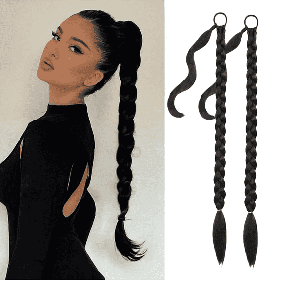 2Pcs Black Ponytail Braid 86cm, Jademall Synthetic Hair for Weaving Ponytail Extensions, Women's Long Hair Accessories, DIY Braided Hair for Ladies