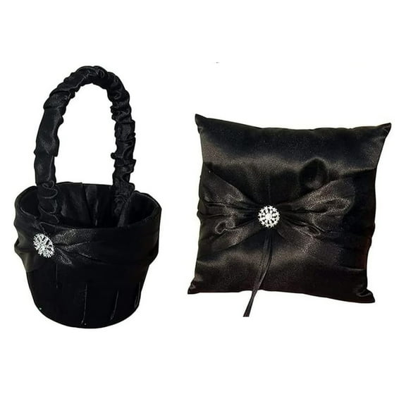 2Pcs Black Wedding Supplies Set Satin Flower Girl Basket + Ring Bearer Pillow for Bridal Wedding Shower Ceremony Anniversary Celebrations Party Decorations Wedding Accessories