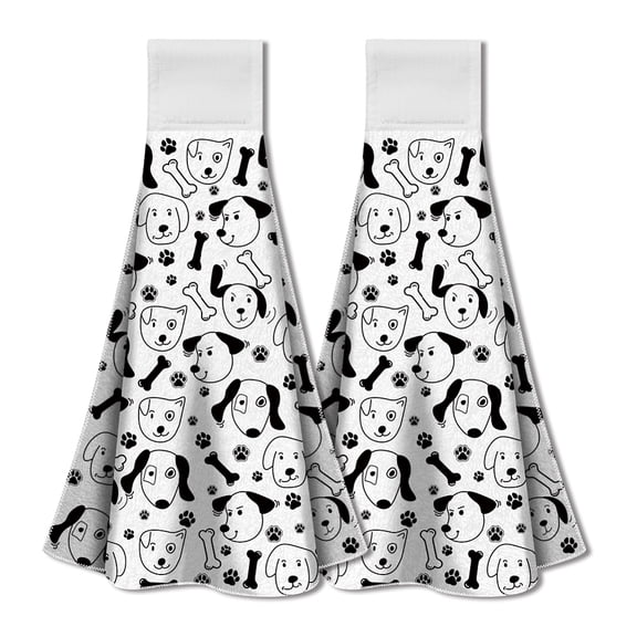 2Pcs Black and White Dog Hand Towels with Hanging Loop Soft Absorbent Animal Footprint Cartoon Kitchen Towels Cute Puppy Pattern Dish Cloths for DIY