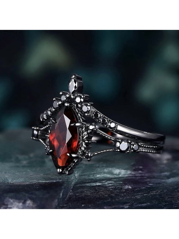 2Pcs Bling Marquise Simulated Red Gem Crown Ring Set for Women, Gunmetal Plated Vintage Gothic Engagement Style Costume Ring 8