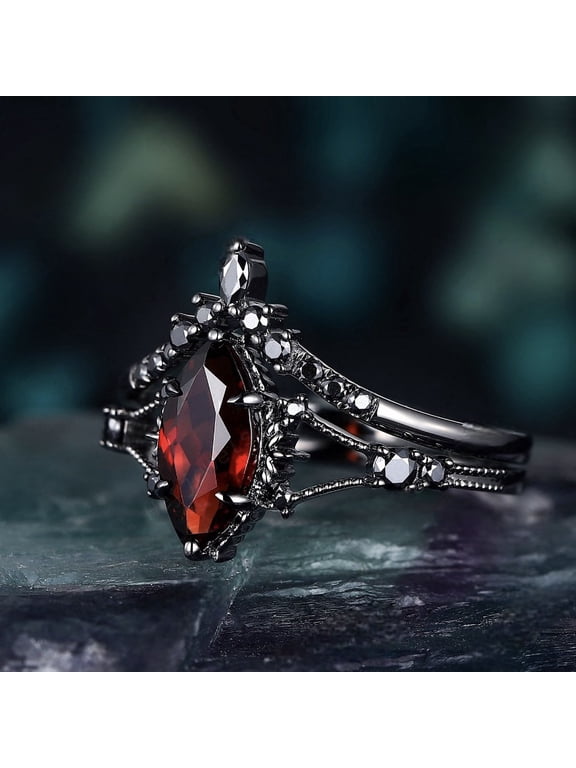 2Pcs Bling Marquise Simulated Red Gem Crown Ring Set for Women, Gunmetal Plated Vintage Gothic Engagement Style Costume Ring 8