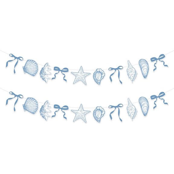 2Pcs Blue Bow Starfish and Shell Banner, Beach Bachelorette Party Decorations Seashell Party Decor, Exquisite & Beautiful Hanging Garland Decorations for Summer Birthdays Weddings
