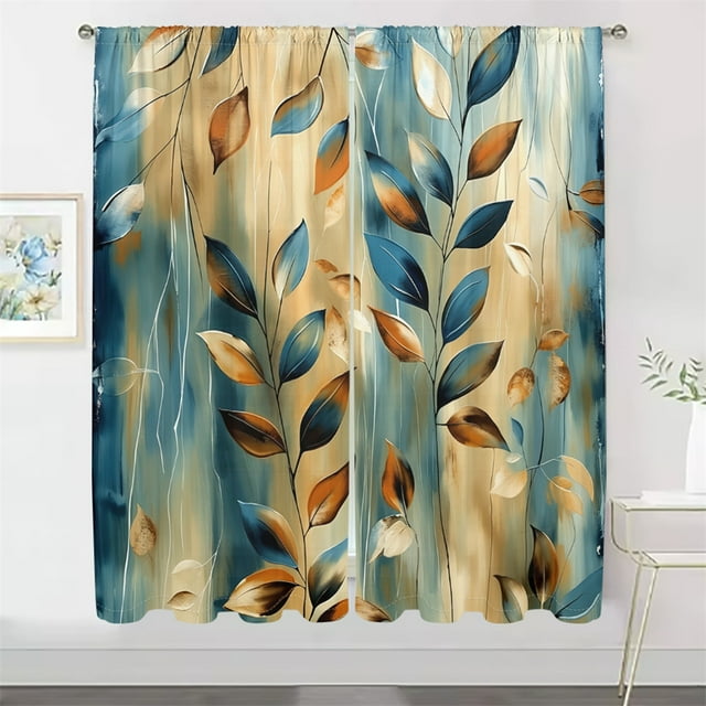 2Pcs Blue Brown Leaf Curtains Abstract Branch Pattern Living Room