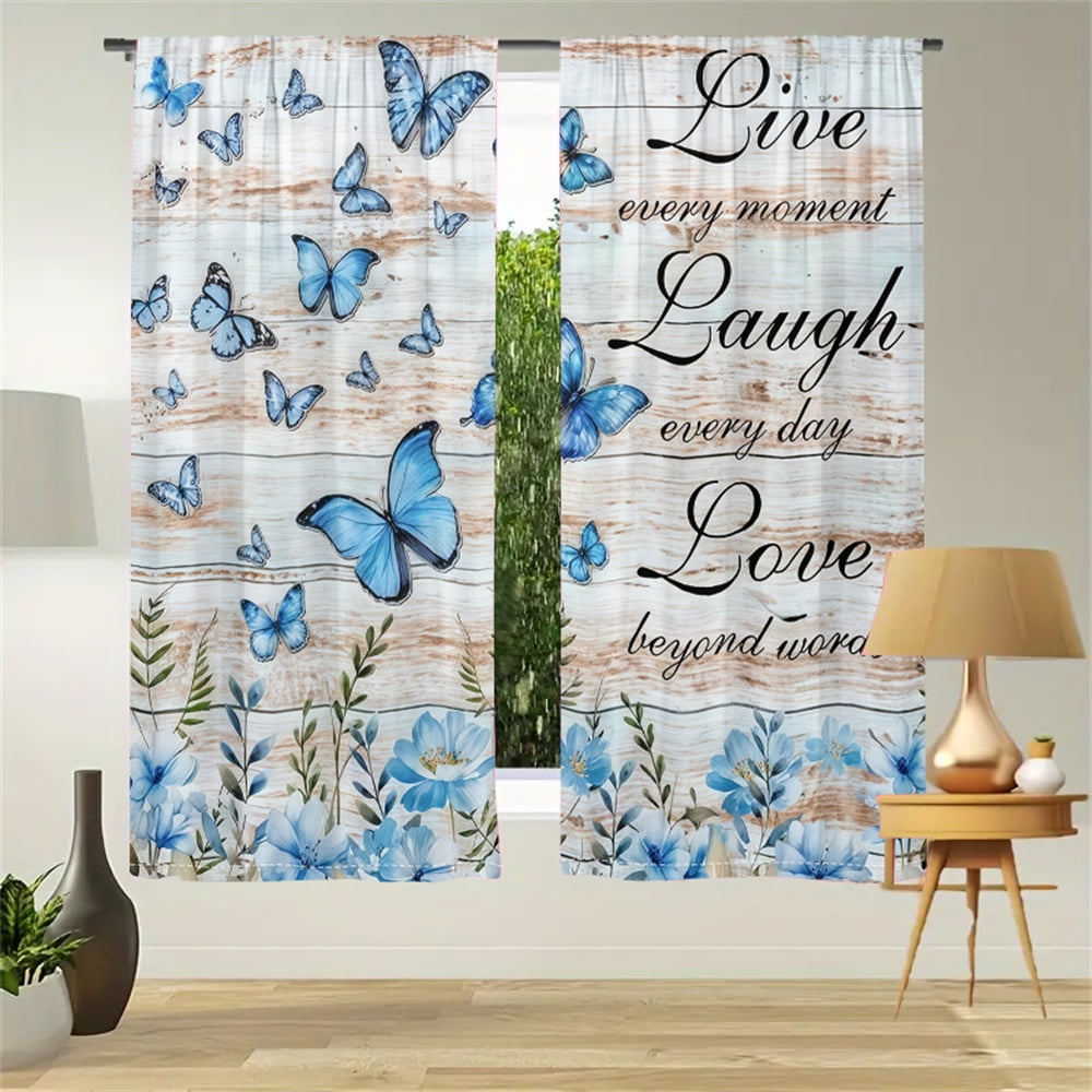 2Pcs Blue Flower Butterfly Curtains Motivational Text Pattern Living
