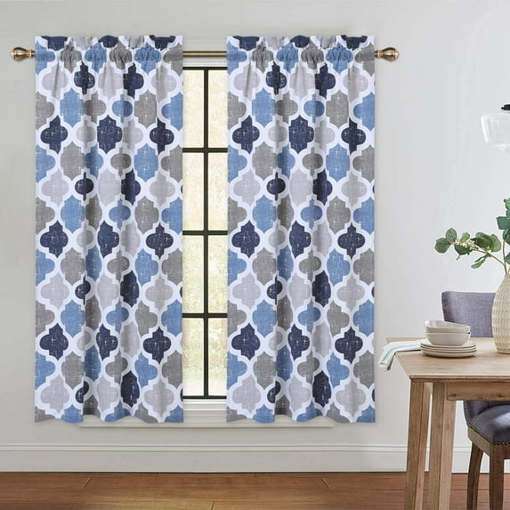 2Pcs Blue Morocco Print Polyester Cotton Kitchen Tiers Room-Darkening Rod Pocket Small Window Curtain Set for Living Room/Bedroom/Bathroom/Nursery