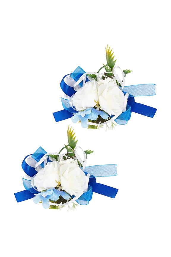 2Pcs Blue Rose Wrist Corsage Artificial Silk Cloth White Rose Flower Floral Prom Plastic Groom Stretch Bouquet Bracelets Accessories for Wedding Bride Bridesmaids Groomsmen DIY Decoration DIY