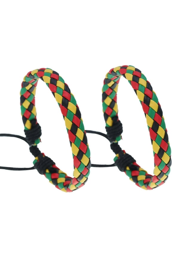 2Pcs Bob Marley Rasta Bracelet - Jamaica Rope & Leather Adjustable Drawstring Braided Bracelet For Men & Women's Jewelry Gifts