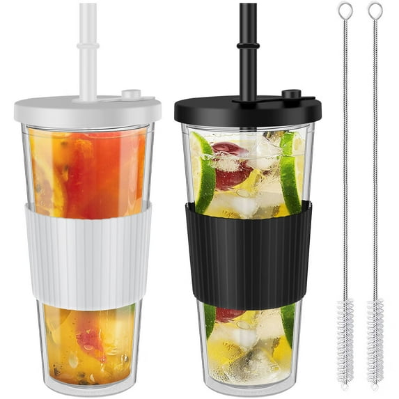 2Pcs Boba Cup Plastic Bubble Tea Cup Leak-Proof Smoothie Tumbler with Lid Reusable Iced Coffee Cup with Straw Portable Jars Mug 700ml for Bubble Tea Cold Drink Iced Coffee Juice