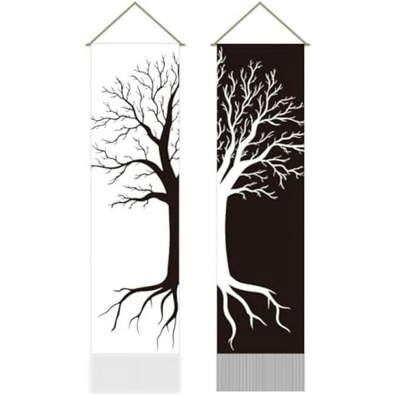2Pcs Bohe Tree of Life Tapestry Black and White Hippie Wishing Tree Tapestry Wall Hanging Tassel Wall Aesthetic Tapestry DIY