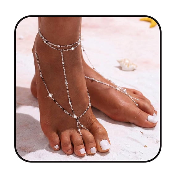 2Pcs Boho Beaded Foot Chain Layered Barefoot Sandals Summer Beach Ankle Chain For Women (Silver)[o3176]