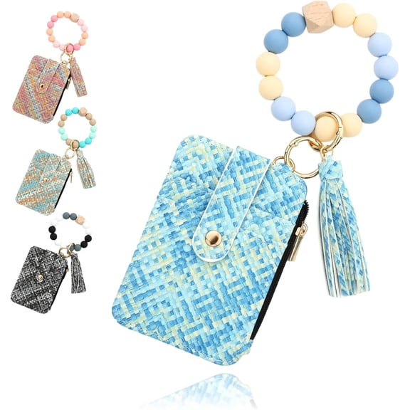 2Pcs Boho Beaded Wristlet Wallet, Flower Pattern Tassel Keychain Wallets for Women, PU Leather Credit Card Holder Purse