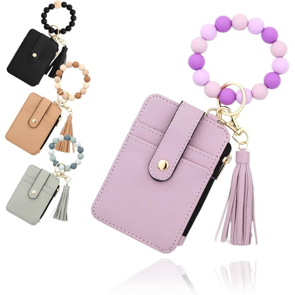 2Pcs Boho Beaded Wristlet Wallet, Flower Pattern Tassel Keychain Wallets for Women, PU Leather Credit Card Holder Purse