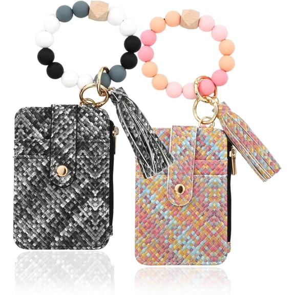 2Pcs Boho Beaded Wristlet Wallet, Flower Pattern Tassel Keychain Wallets for Women, PU Leather Credit Card Holder Purse