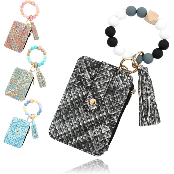 2Pcs Boho Beaded Wristlet Wallet, Flower Pattern Tassel Keychain Wallets for Women, PU Leather Credit Card Holder Purse