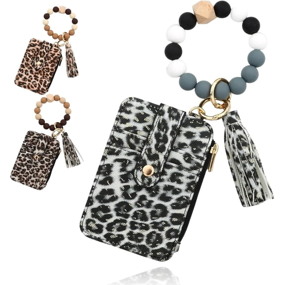 2Pcs Boho Beaded Wristlet Wallet, Flower Pattern Tassel Keychain Wallets for Women, PU Leather Credit Card Holder Purse