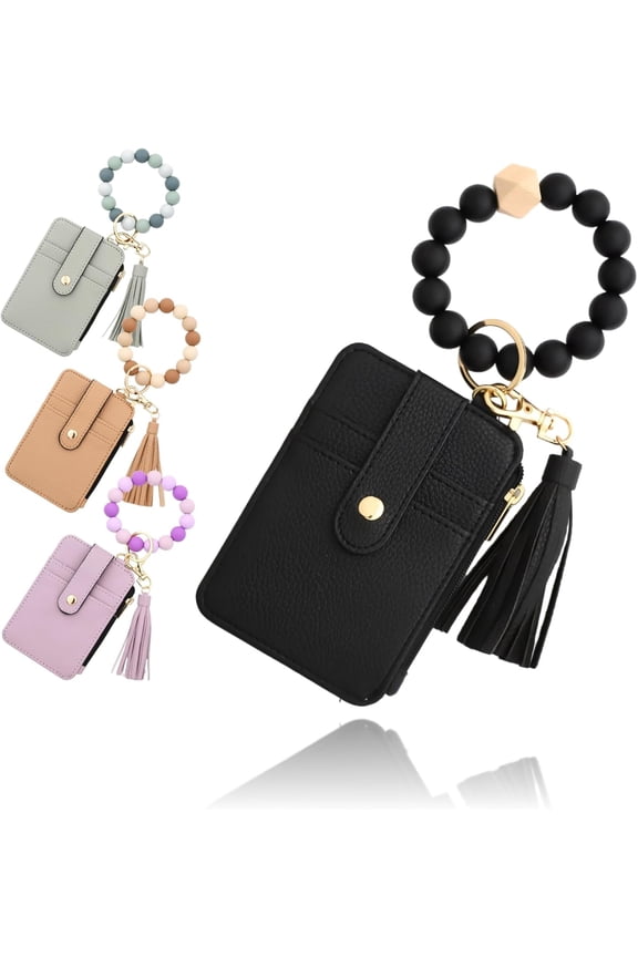 2Pcs Boho Beaded Wristlet Wallet, Flower Pattern Tassel Keychain Wallets for Women, PU Leather Credit Card Holder Purse