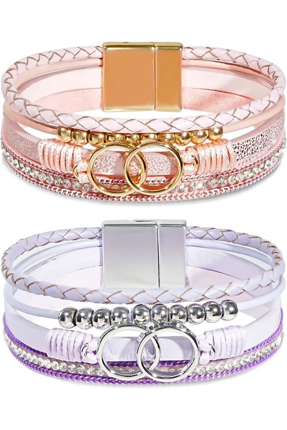 2Pcs Boho Bracelets Woven Leather Multi-Layer Wrap Bracelet Heart Shape Inlaid Rhinestone Stackable Fashion Women Bracelet Jewelry