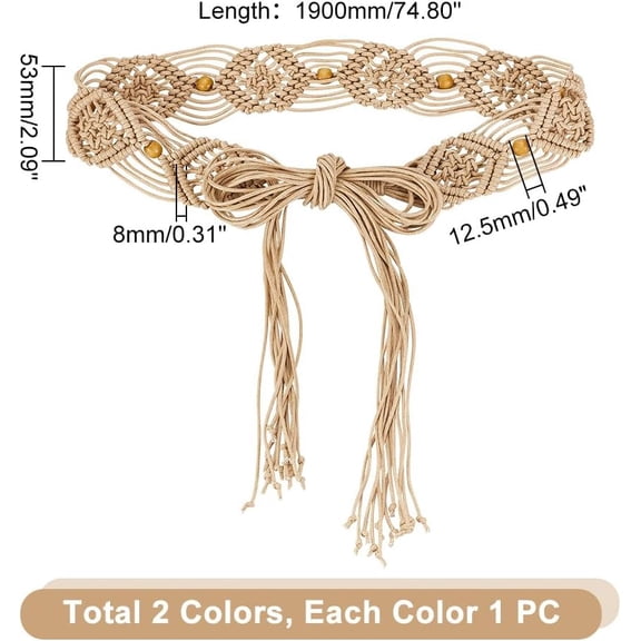 2Pcs Boho Braid Belts for Women Rope Belts Fringe Belt Bohemian Woven Waist Belts for Dress Khaki and Brown
