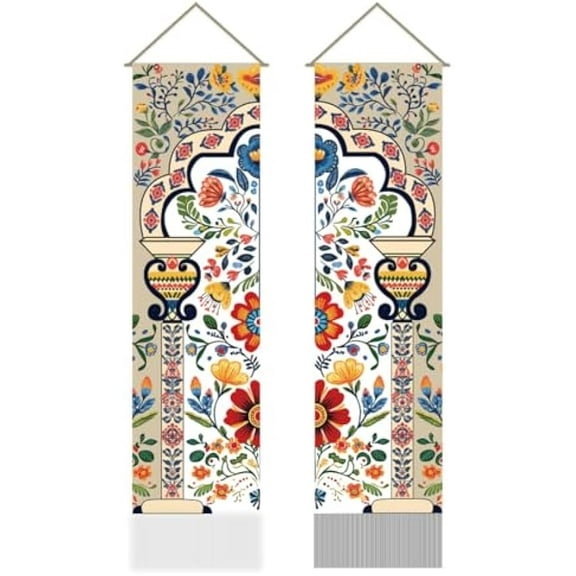2Pcs Boho Flower Mandala Indian Vertical Tapestry Boho Floral Art Wall Hanging with Tassel for Living Room Entry (45.7x13 Inch)