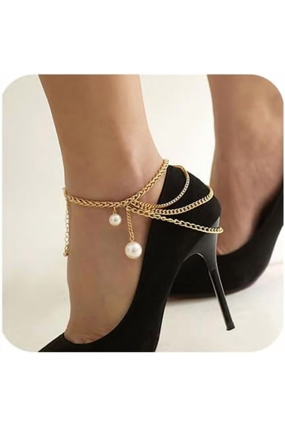 2Pcs Boho Gold Pearl Tassel Ankle Chains For Women Layered High Heel Anklet Shoes Chain For Nightclubs Party Foot Shoes Chain[o6828]