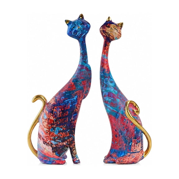 2Pcs Boho Hand-Painted Cat Figurine Set, Resin Art Sculpture 9.5in Tabletop Decor