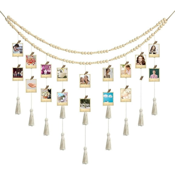 2Pcs Boho Hanging Photo Display Wall Decor with 36 Pcs Wood Clips, Boho Wooden Beads Garland Collage Picture Card Frame Holder for Bedroom Living Room Dorm, Girls Gifts