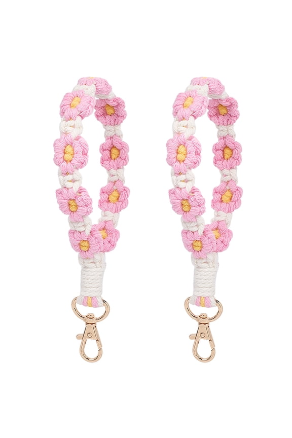 2Pcs Boho Macrame Keychain Wristlet Key Chain Daisy Pink White Tassel Bracelet Keyring Boho Handmade Flower Weave Wrist Lanyard with Alloy Clasp