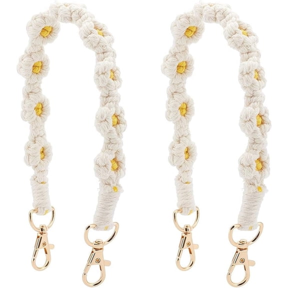 2Pcs Boho Macrame Wristlet Woven Wrist Strap with Alloy Findings Handmade Weave Polyester Bohemian White Flower for Keychains Bags Smartphone Bracelets Women