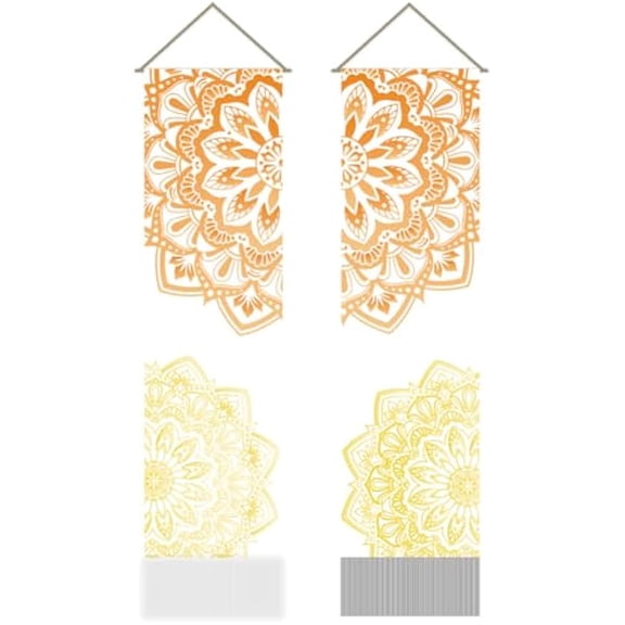2Pcs Boho Mandala Tapestry Gold Mandala Floral Long Vertical Tapestry Wall Hanging Orange Golden Mandala Tassel Wall Aesthetic Tapestry DIY
