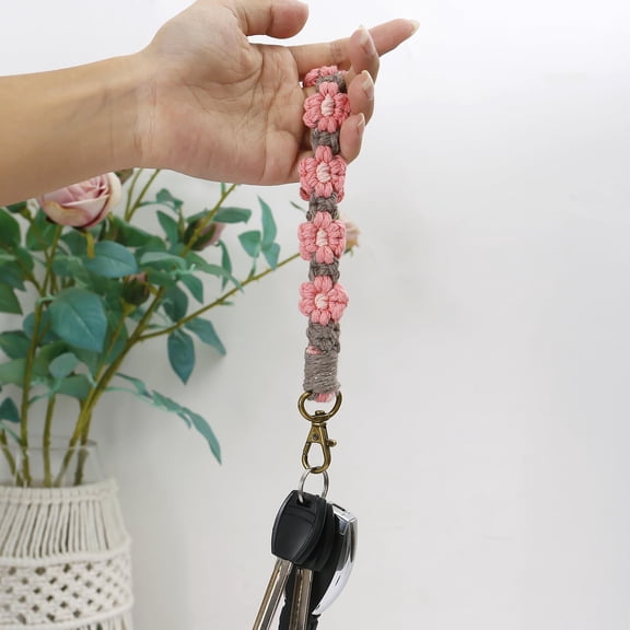 2Pcs Boho Phone Wrist Straps, Braided Cell Phone Lanyard, Flower Phone Charm Strap Smartphone Keychain Wristlet Purse Decoration for Women, Pink Gray