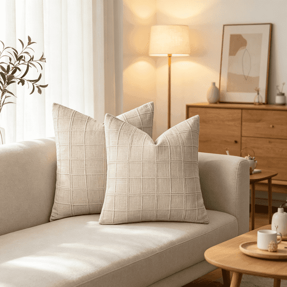 2Pcs Boho Plaid Pillow Covers, Linen Textured Square Throw Pillow Cases, Decorative Cushion Covers for Living Room, Bedroom & Sofa(Beige)