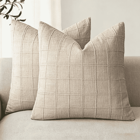 2Pcs Boho Plaid Pillow Covers, Linen Textured Square Throw Pillow Cases, Decorative Cushion Covers for Living Room, Bedroom & Sofa(Beige)