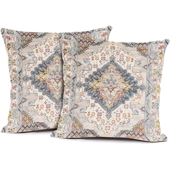 2Pcs Boho Style Throw Pillow Cover Ethnic Design Pattern Linen Persian Carpet Tribal Pattern Throw Pillow Case Cushion Cover Home Office Decorative Square 18x18 inch