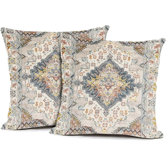 2Pcs Boho Style Throw Pillow Cover Ethnic Design Pattern Linen Persian Carpet Tribal Pattern Throw Pillow Case Cushion Cover Home Office Decorative Square 16x16 inch