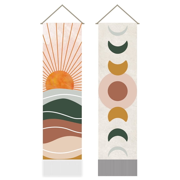 2Pcs Boho Sun and Moon Tapestry Moon Phase Long Vertical Tapestry Wall Hanging Vintage Abstract Tassel Wall Aesthetic Tapestry
