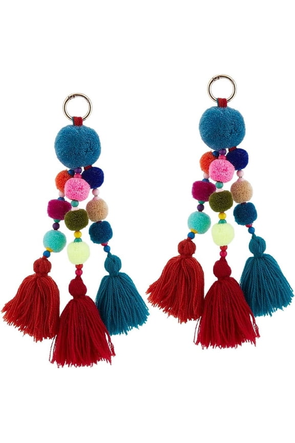 2Pcs Boho Tassel Bag Charm Colorful Pom Pom Tassel Keychain Macrame Keyring for Women Straw Bag Tote Purse Handbag Decoration Accessories