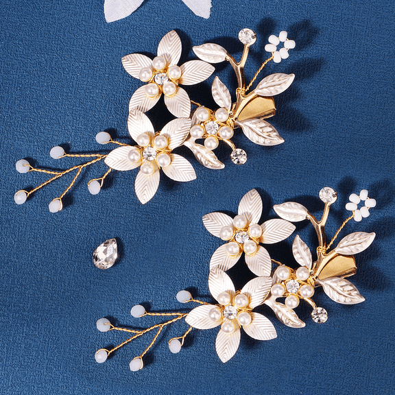 Miallo 2Pcs Boho Wedding Hair Clips for Bride & Bridesmaid, Gold Floral Hair Barrette with Pink Enamel Flowers & Pearls, Rustic Bridal Headpiece