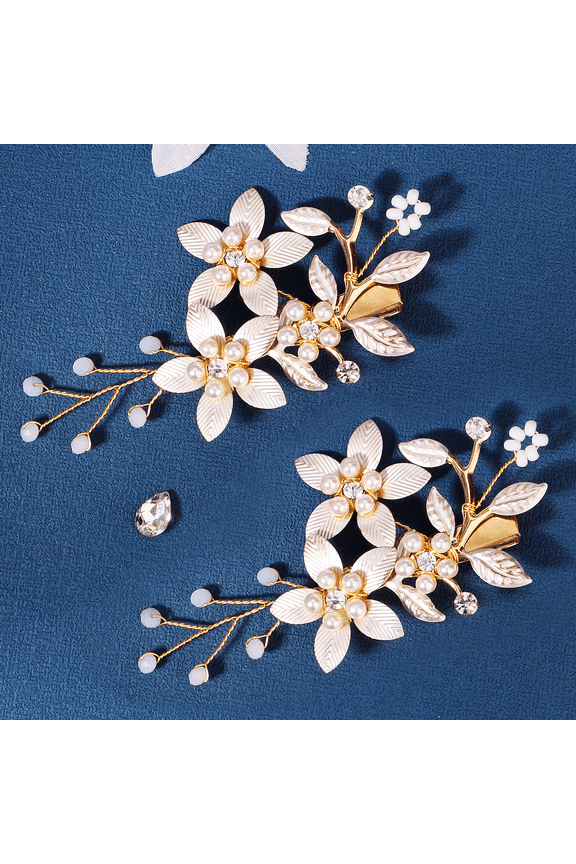 2Pcs Boho Wedding Hair Clips for Bride & Bridesmaid, Gold Floral Hair Barrette with Pink Enamel Flowers & Pearls, Rustic Bridal Headpiece