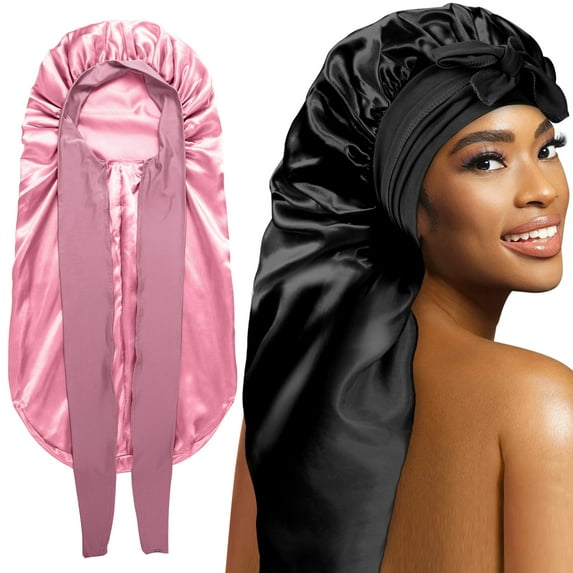 2Pcs Bonnets for Black Women Braid Bonnet, Large Long Satin Bonnet for Braids, Silk Bonnet with Stretchy Tie Band Sleep Cap Hair (2Pcs-Black&Rose Pink)