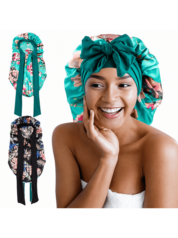 2-Pack Large Satin Sleep Bonnet for Women, Long Hair Cap for Braids and Locs, Stretchy Tie Band, Flower Print